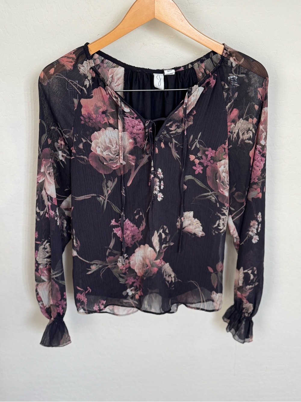 Joie Black Sheer Floral Peasant Blouse Ruffle Cuff Neck Tie Boho Romantic Small
